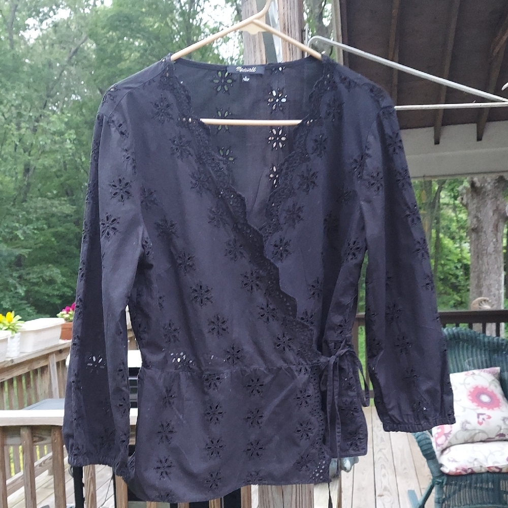 Madewell Scalloped Eyelet Wrap Tie Black Top Sz S
